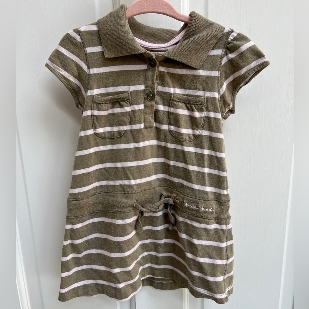 L.O.G.G. 2T Green and White/Pink Striped Collar Cinch Waist Girls Dress